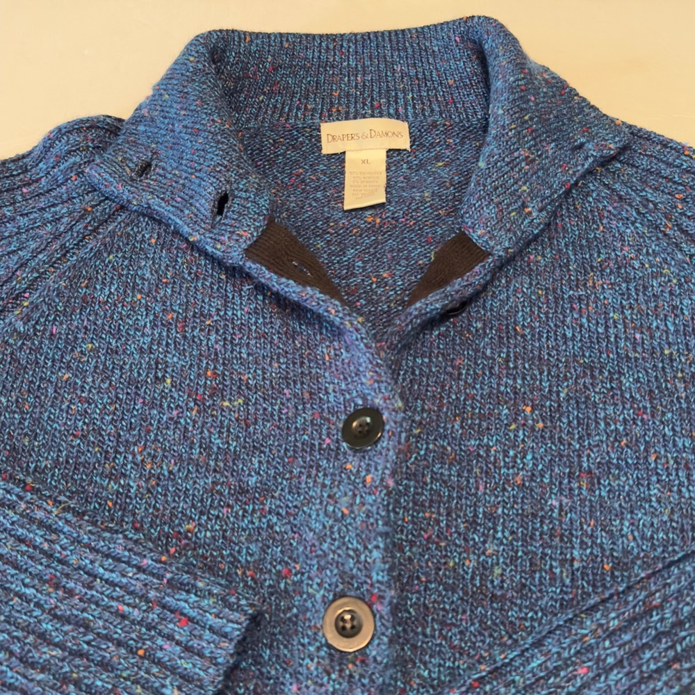 Drapers & Damons Blue Flecked Knit Shawl Collar Button Cardigan Sweater XL Boho - Picture 2 of 10
